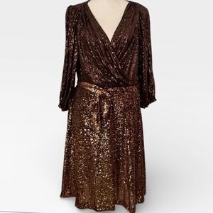 DKNY Brown Sequin Wrap Dress Long Sleeve V Neck Midi Evening Women's Size 16